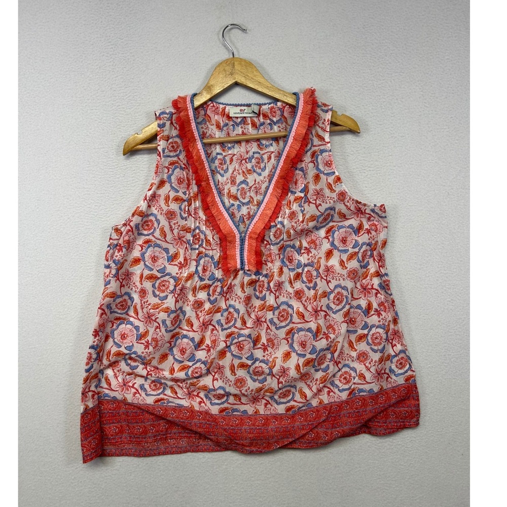 Boho Coastal Vineyard Vines Women Large Pink Floral Fringe V-Neck Sleeveless Top
